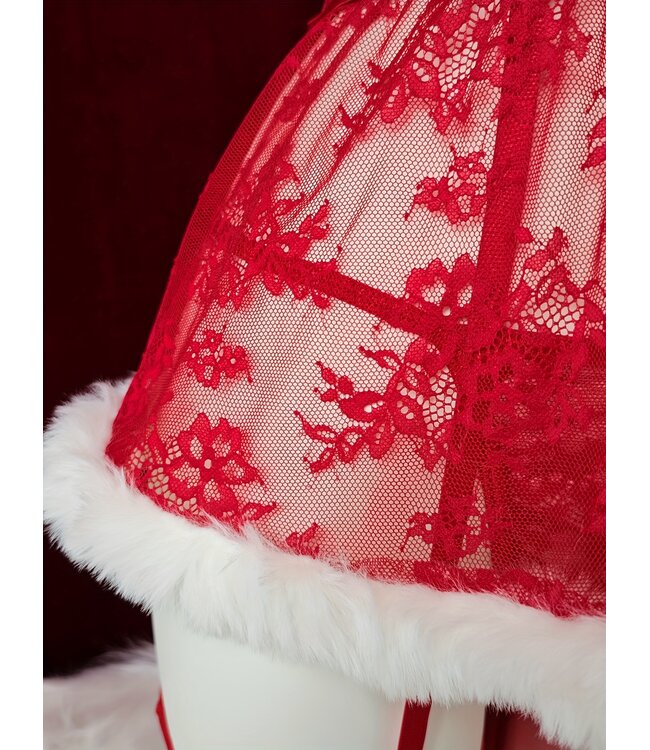 Luxe Sexy kerst lingerie 3-delige set met bont - rood