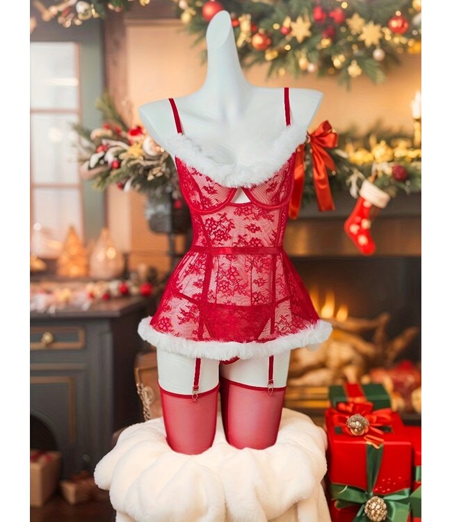 Luxe Sexy kerst lingerie 3-delige set met bont - rood