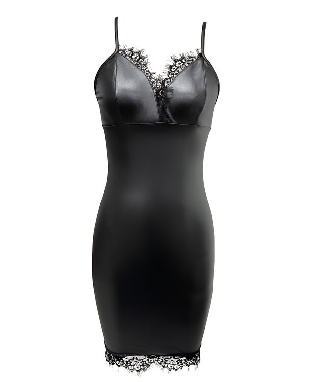 Sexy leatherlook jurkje met eyelashes kant - zwart
