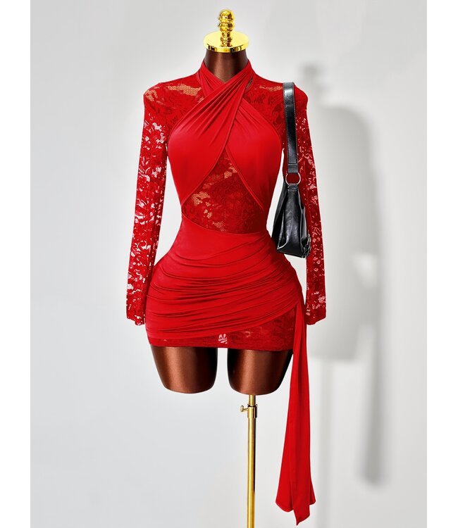 Sexy kanten jurkje met wrap up - rood