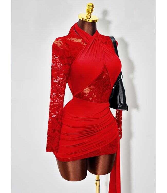 Sexy kanten jurkje met wrap up - rood