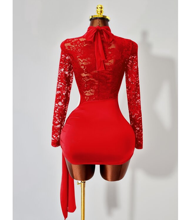 Sexy kanten jurkje met wrap up - rood