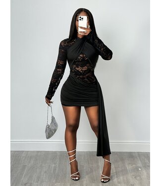 ClassyWear Sexy kanten jurkje met wrap up - zwart