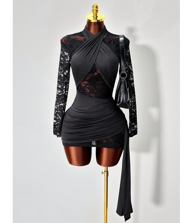 Sexy kanten jurkje met wrap up - zwart