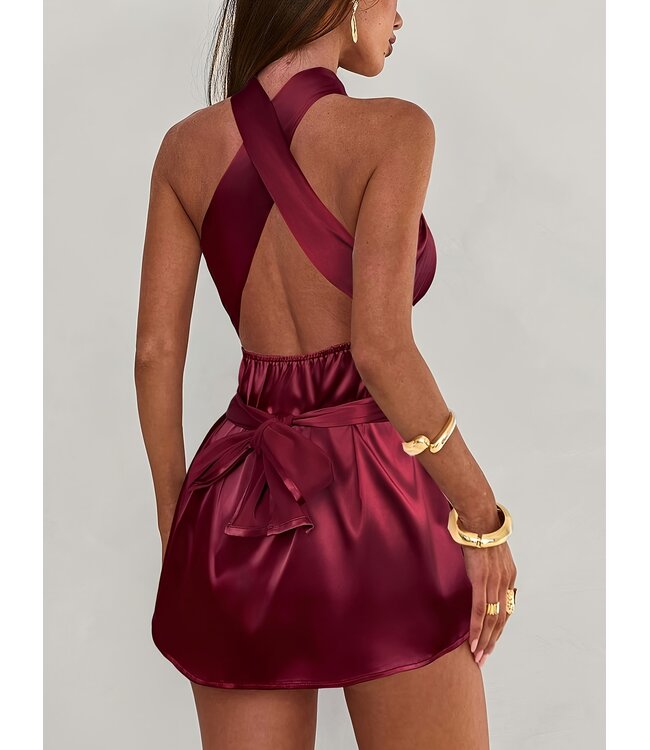 Sexy wrap up satijnen jurkje  - wijn