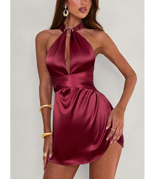 Sexy wrap up satijnen jurkje  - wijn