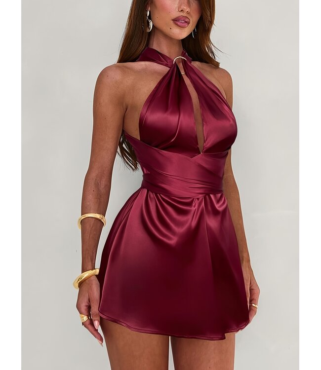 Sexy wrap up satijnen jurkje  - wijn