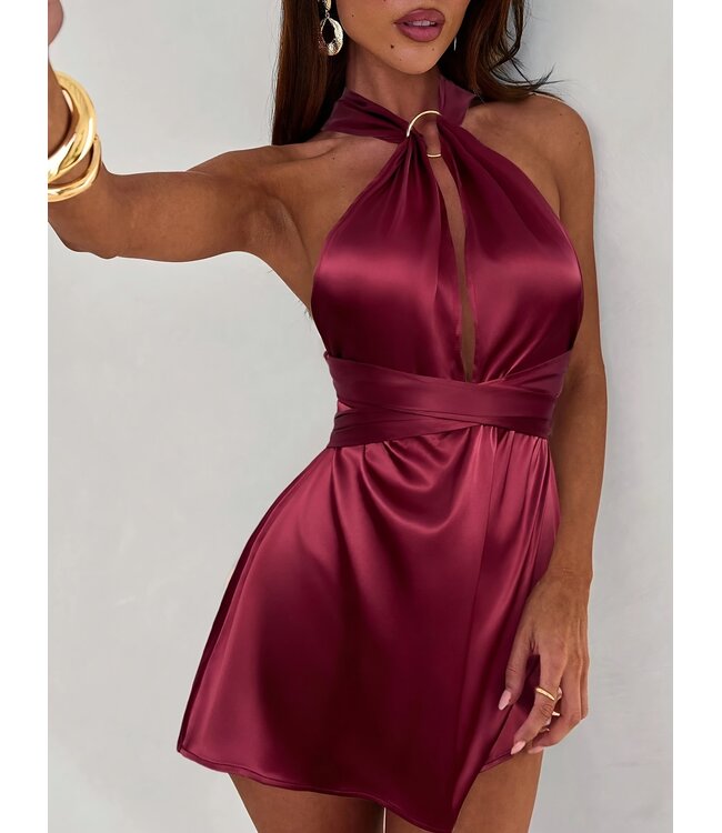 Sexy wrap up satijnen jurkje  - wijn