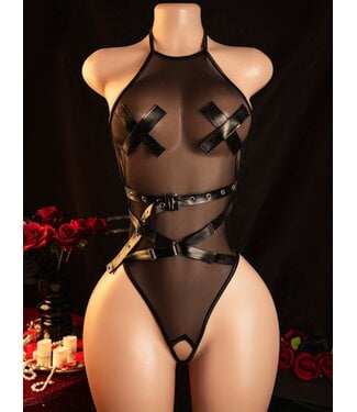 ClassyWear Sexy open kruis bodysuit lingerie met riem look en open rug - zwart
