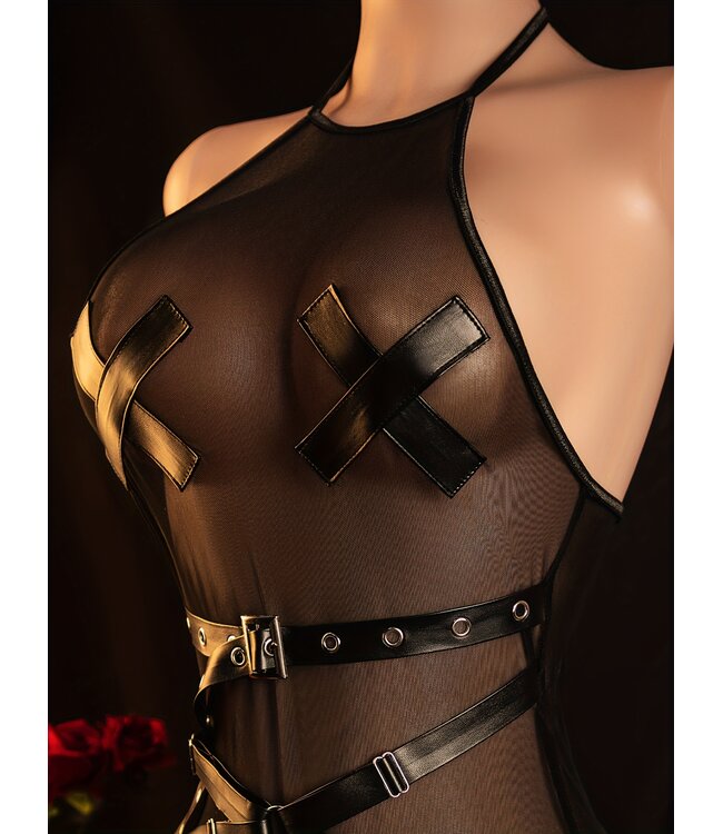 Sexy open kruis bodysuit lingerie met riem look en open rug - zwart