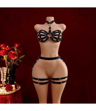 ClassyWear Sexy PU riem punk/erotic role play lingerie setje - zwart