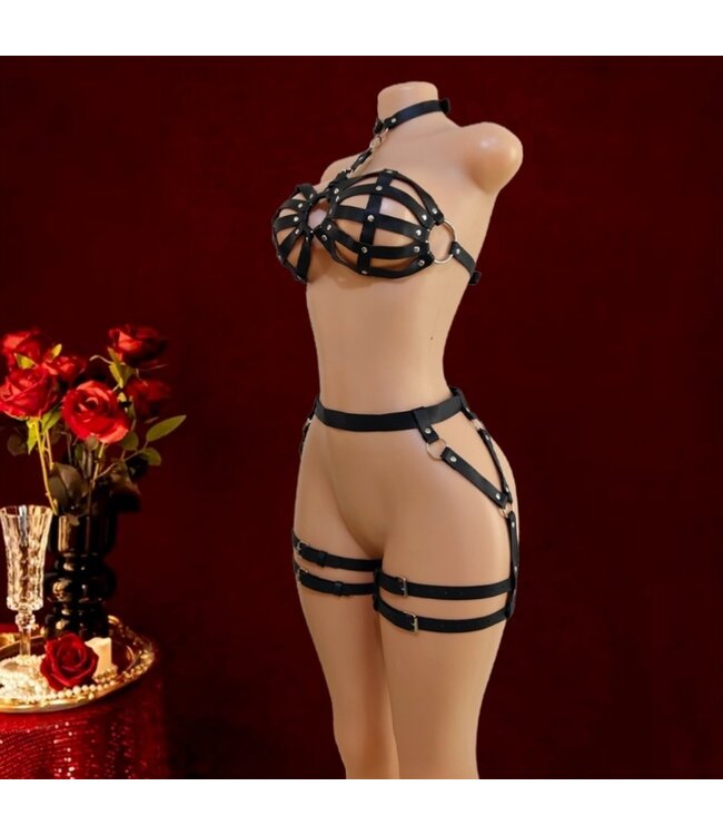 Sexy PU riem punk/erotic role play lingerie setje - zwart