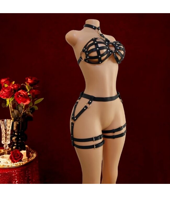 Sexy PU riem punk/erotic role play lingerie setje - zwart