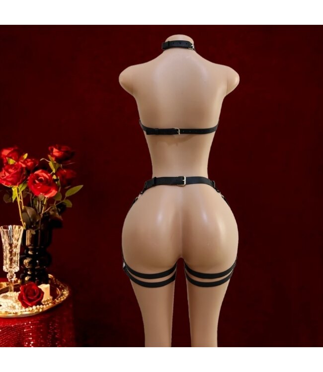 Sexy PU riem punk/erotic role play lingerie setje - zwart
