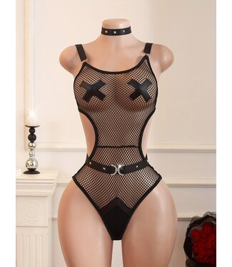 ClassyWear Sexy visnet bodysuit lingerie met riem en choker - zwart
