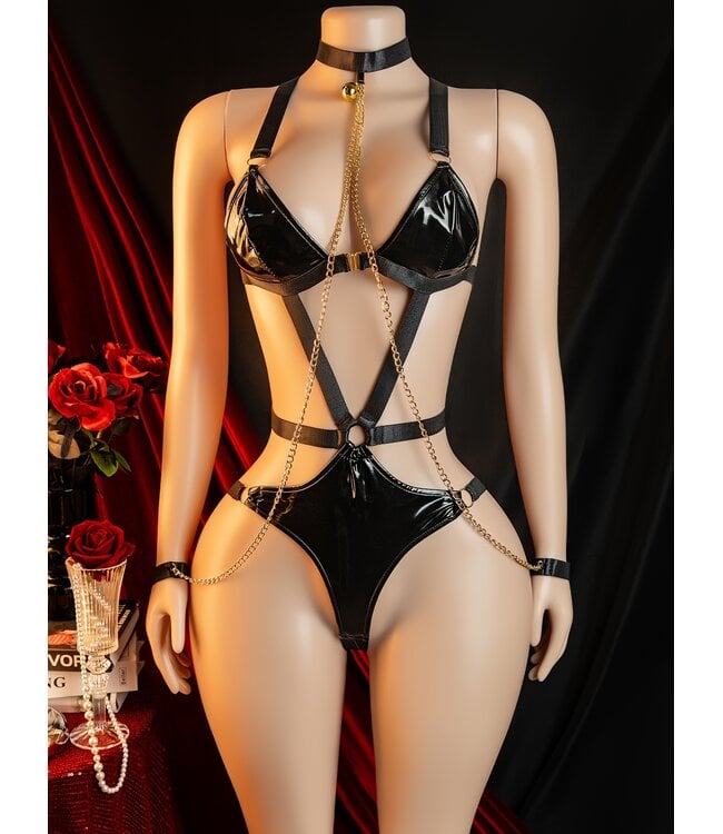 ClassyWear Sexy luxe wetlook body lingerie met open achterkant en choker ketting - zwart