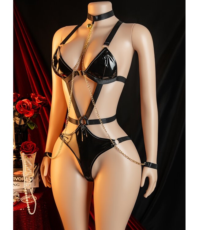 Sexy luxe wetlook body lingerie met open achterkant en choker ketting - zwart