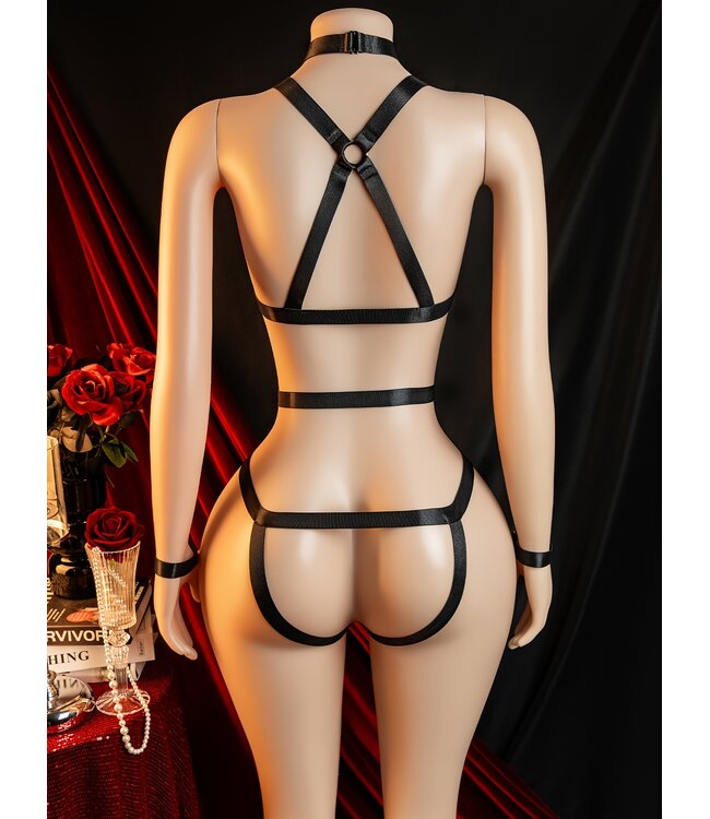 Sexy luxe wetlook body lingerie met open achterkant en choker ketting - zwart