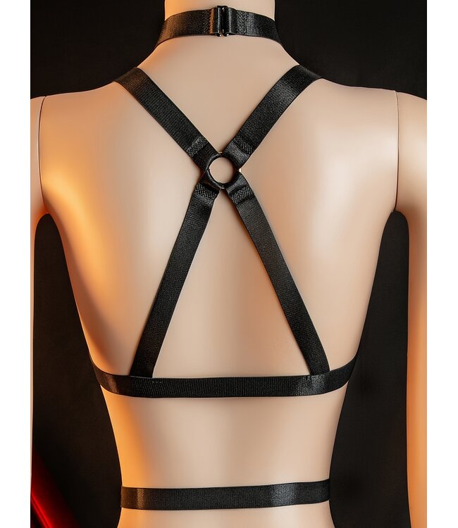 Sexy luxe wetlook body lingerie met open achterkant en choker ketting - zwart