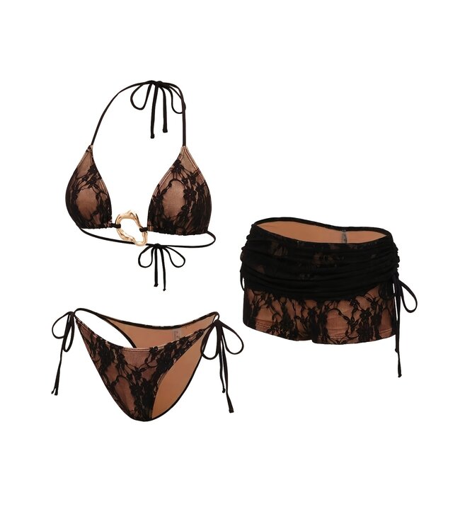 Luxe bikini 3-delig setje strandmode met kant print