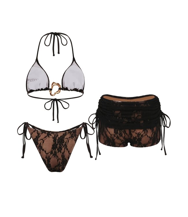 Luxe bikini 3-delig setje strandmode met kant print