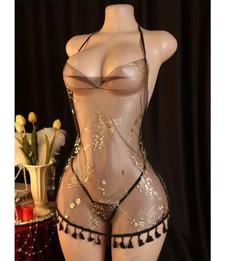 Sexy mesh doorzichtige lingerie jurkje met print (incl.string)