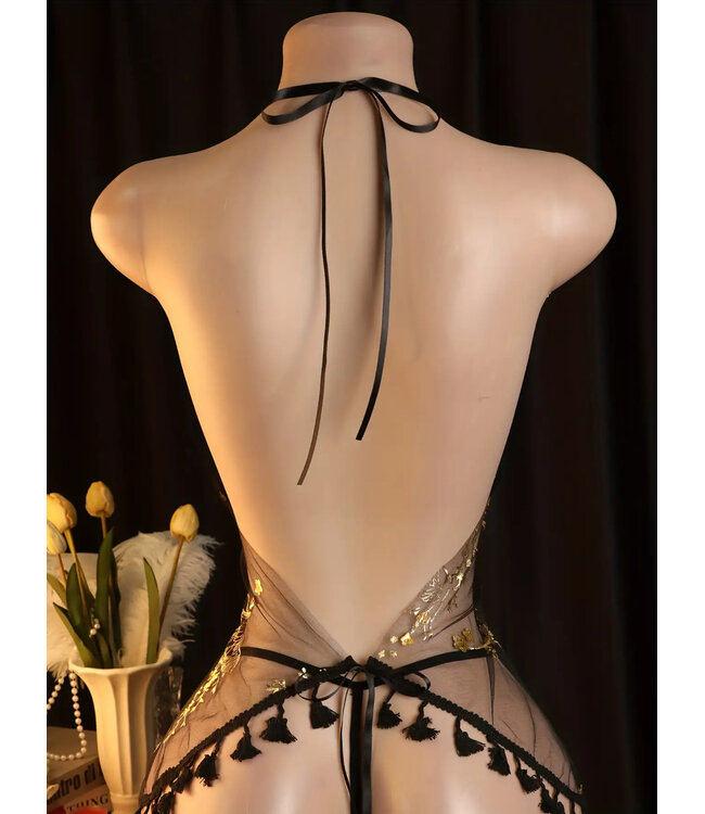 Sexy mesh doorzichtige lingerie jurkje met print (incl.string)