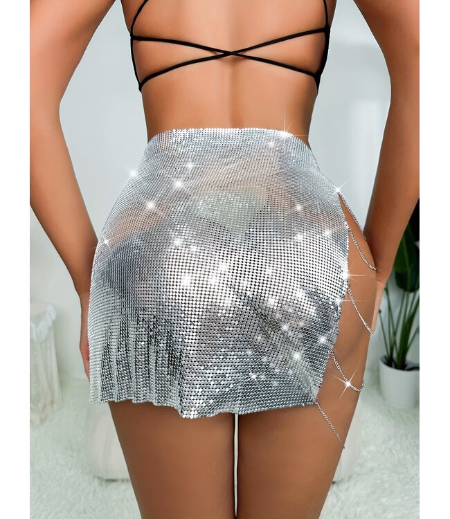 Sexy luxe metalen zilver rokje met ketting