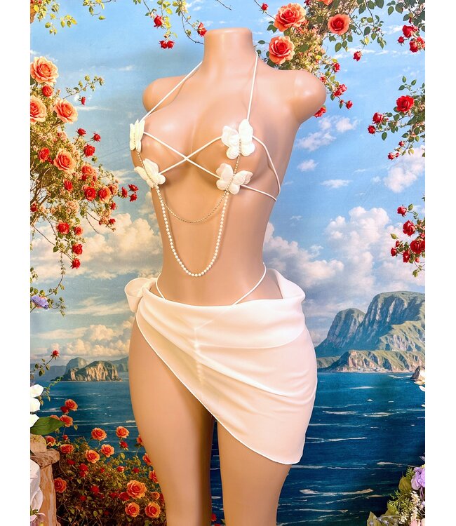 Sexy luxe lingerie 3-delig setje met vlinder en parel/ketting- wit