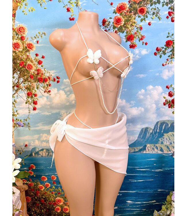 Sexy luxe lingerie 3-delig setje met vlinder en parel/ketting- wit