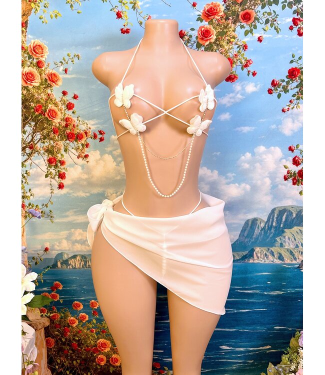 Sexy luxe lingerie 3-delig setje met vlinder en parel/ketting- wit