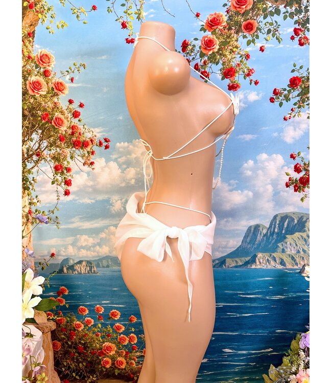 Sexy luxe lingerie 3-delig setje met vlinder en parel/ketting- wit