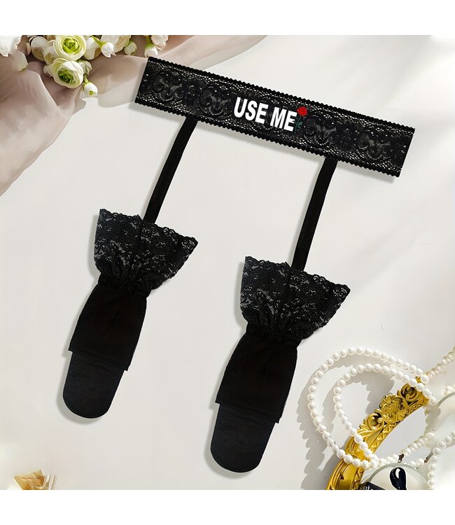 Sexy kousen met jarretel ' USE ME'  lingerie met kant -zwart