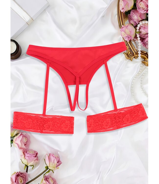 Sexy open-kruis string met kant - rood
