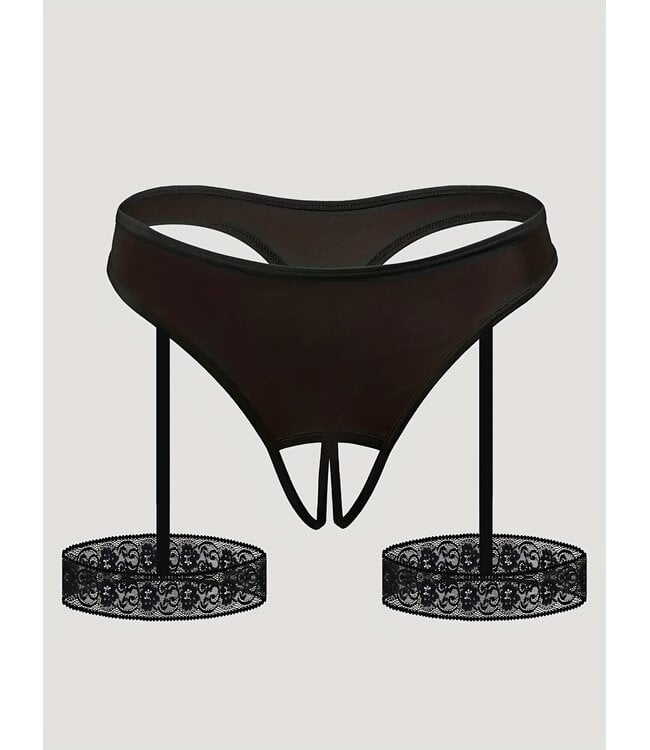ClassyWear Sexy open-kruis string met kant - zwart