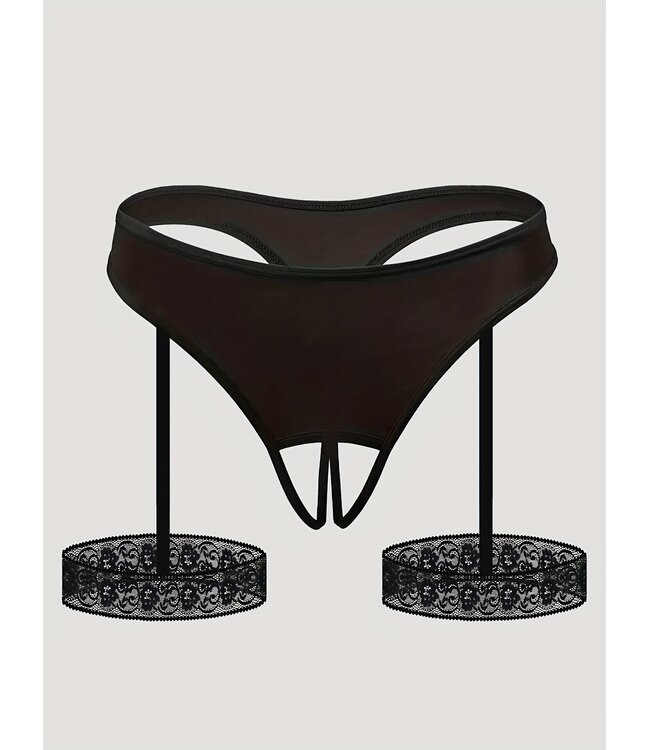 Sexy open-kruis string met kant - zwart
