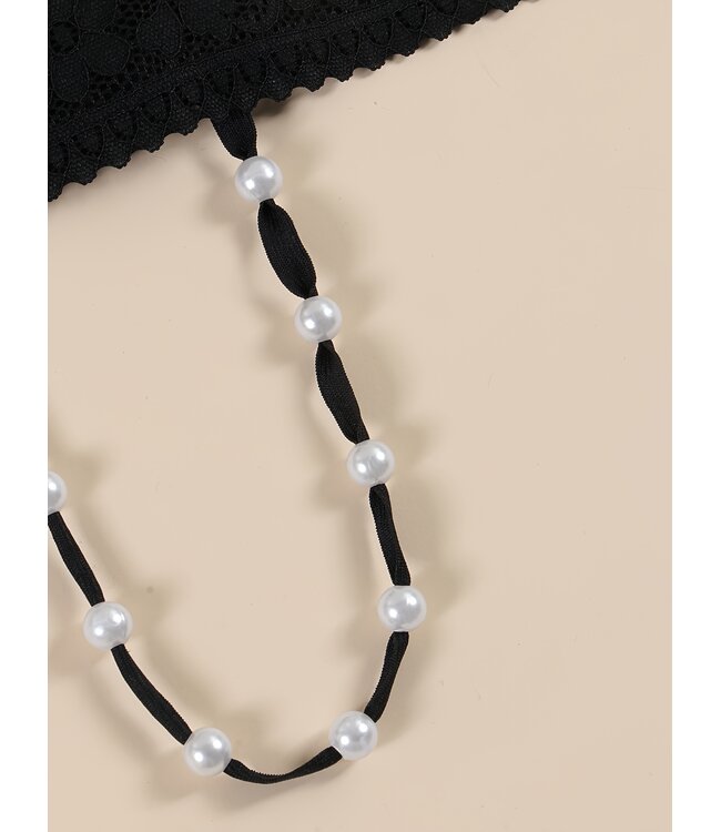 Sexy kanten string met parel - zwart