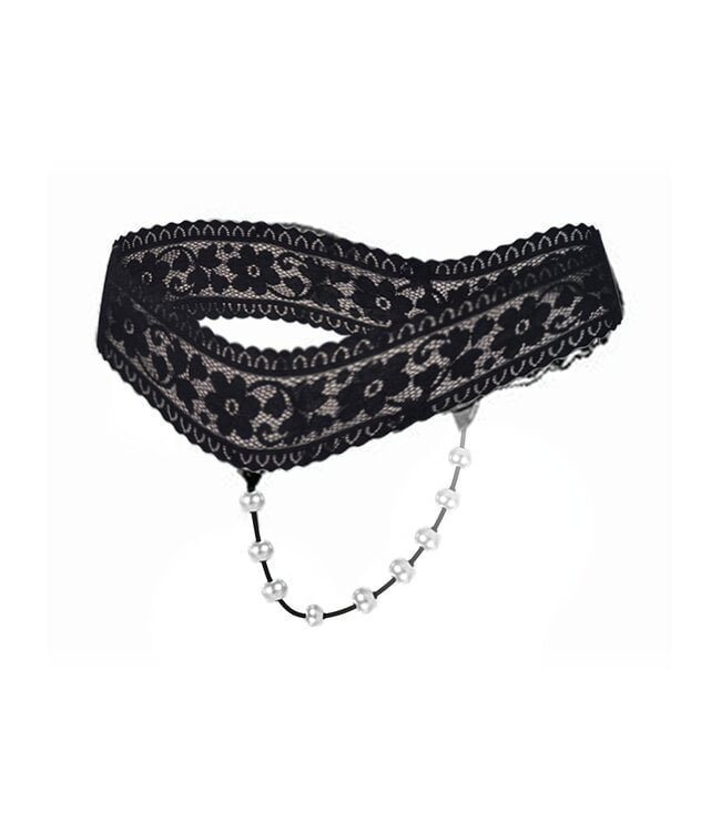 ClassyWear Sexy kanten string met parel - zwart