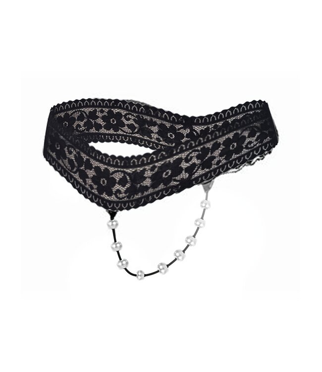 Sexy kanten string met parel - zwart