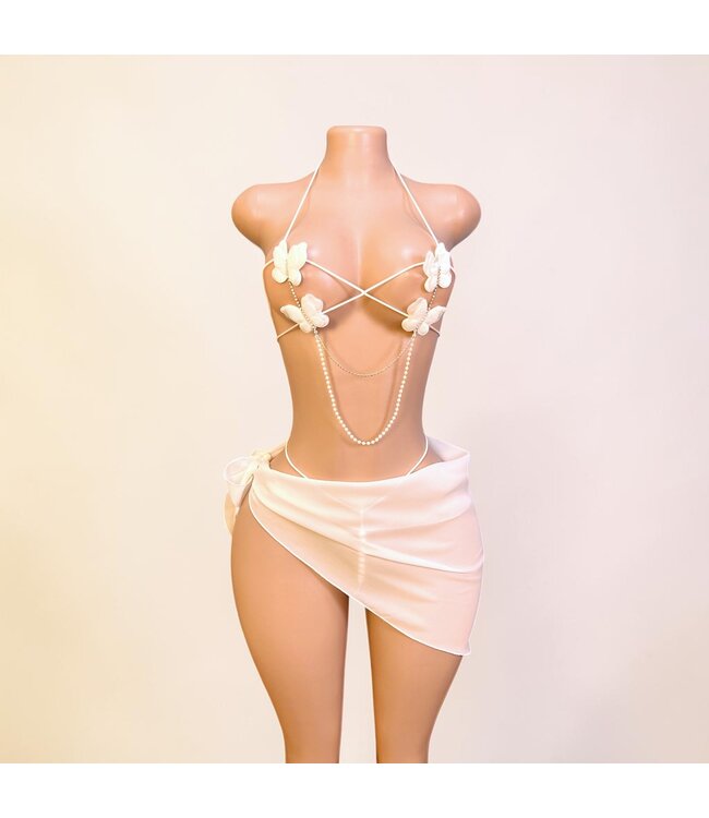 Sexy luxe lingerie 3-delig setje met vlinder en parel/ketting- wit