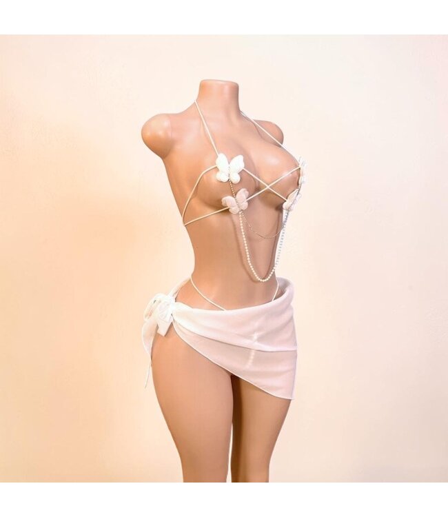 Sexy luxe lingerie 3-delig setje met vlinder en parel/ketting- wit