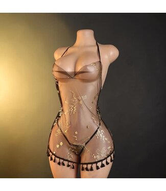 Sexy mesh doorzichtige lingerie jurkje met print (incl.string)