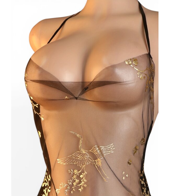 Sexy mesh doorzichtige lingerie jurkje met print (incl.string)