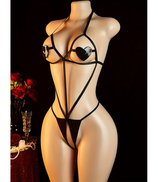 Sexy open kruis lingerie bodysuit met hartje tepelplakker look -zwart