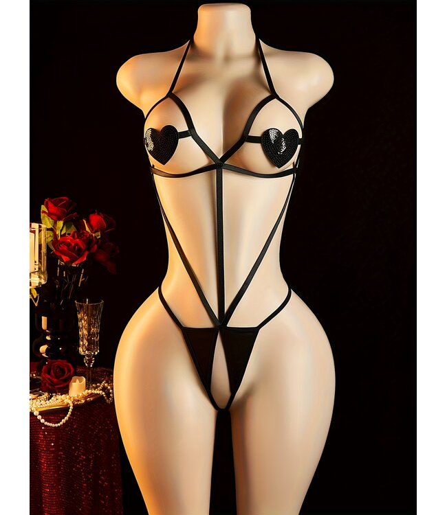 Sexy open kruis lingerie bodysuit met hartje tepelplakker look -zwart