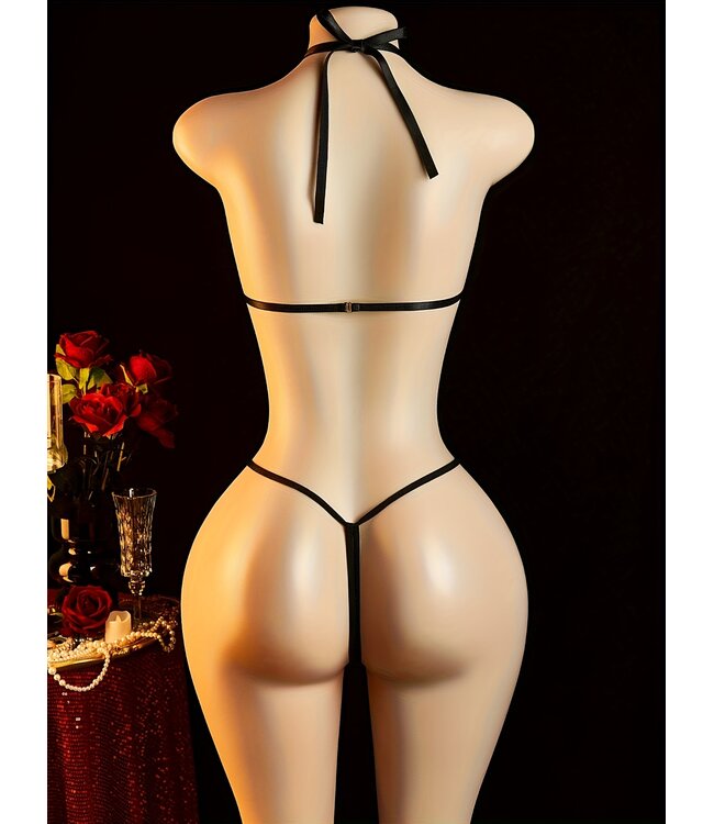 Sexy open kruis lingerie bodysuit met hartje tepelplakker look -zwart