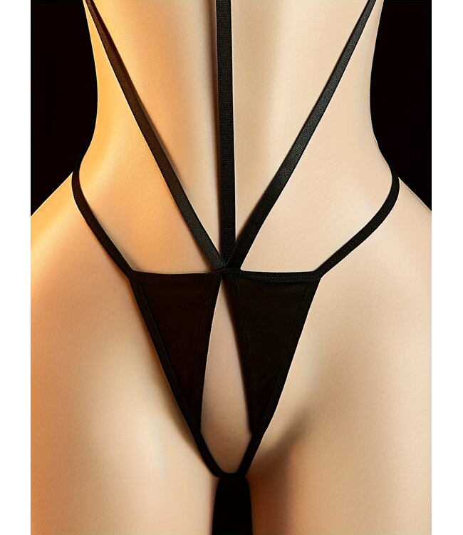 Sexy open kruis lingerie bodysuit met hartje tepelplakker look -zwart