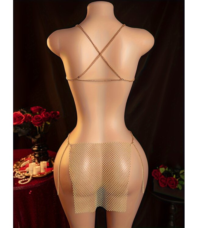 Sexy visnet lingerie jurkje met glitter strass en ketting- nude