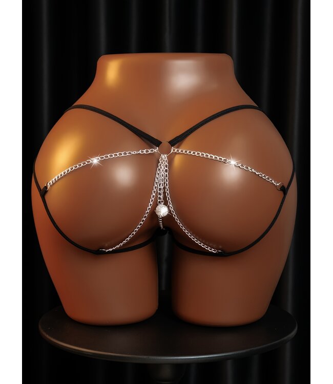 Sexy mesh string met open achterkant en ketting decoratie -zwart/zilver