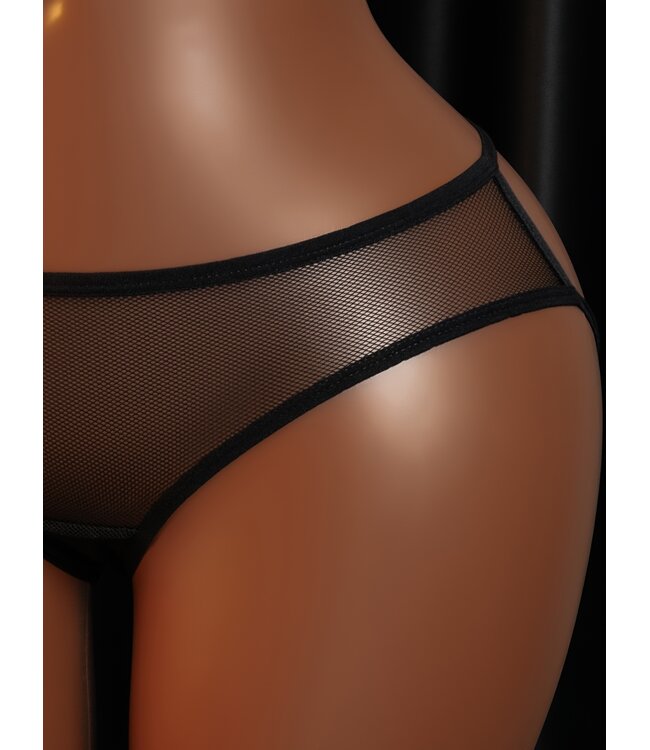 Sexy mesh string met open achterkant en ketting decoratie -zwart/zilver